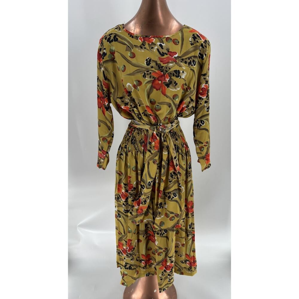 Donna Toran Vintage Dress Womens Large Gold Yellow Floral Smocked Midi Belted